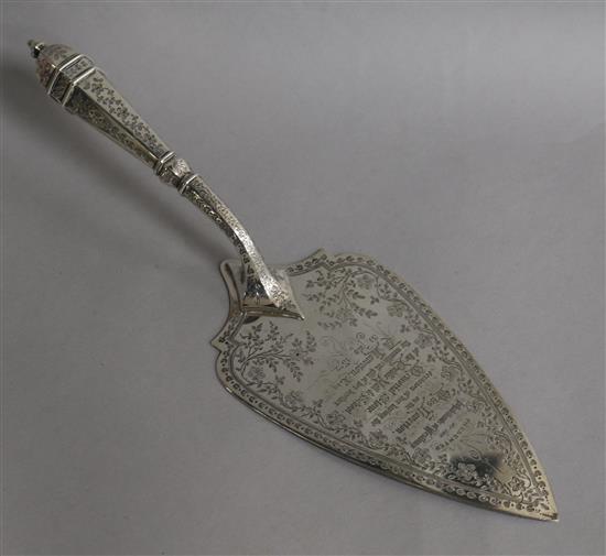 A Victorian silver presentation trowel, Francis Higgins II?, London, 1868, 30cm.